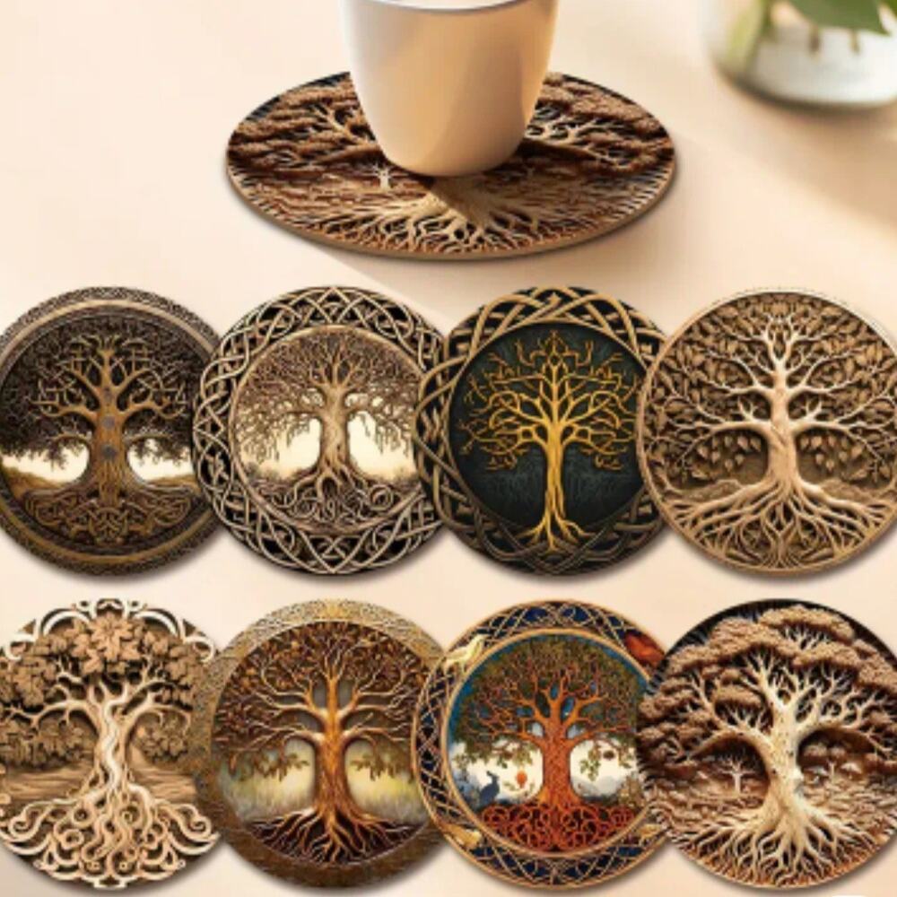 8 Tree of Life Wood Coasters 4" Cork Backing Pagan Celtic Viking Yggdrasil Gift